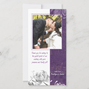 Eggplant White Floral Wedding Thank You Photo Card