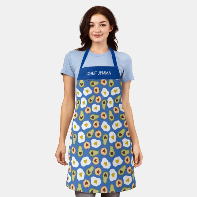 Eggs Avocados Peaches Pattern Blue Add Name Apron (Worn)