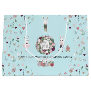 Eggs Bunny Wildflowers Personalised Blue Easter Large Gift Bag