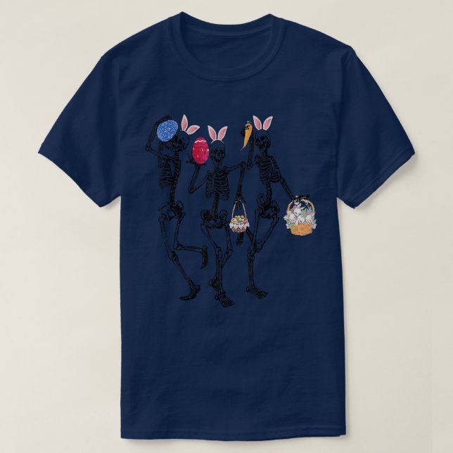 Eggs Easter Day Skeletons Dancing Bunny Ear  T-Shirt (Design Front)