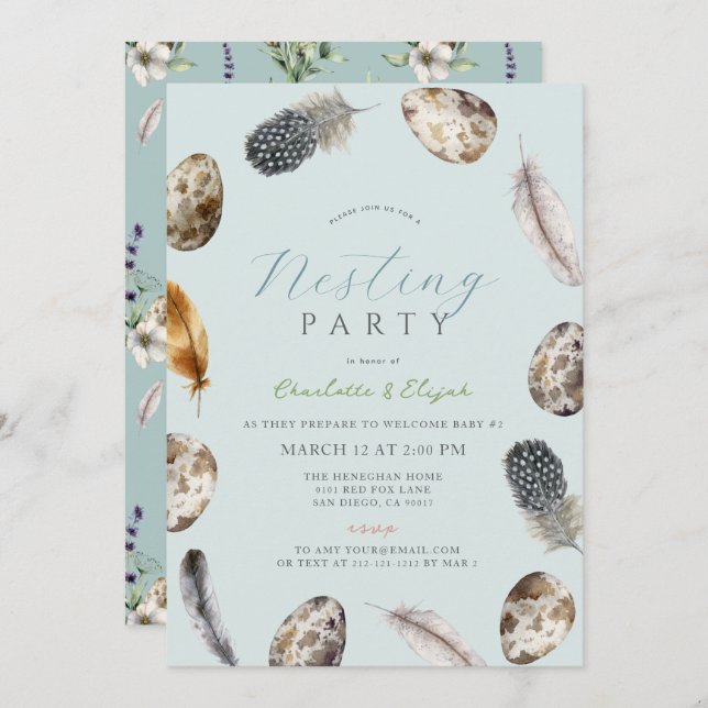 Eggs & Feathers Blue Nesting Party Baby Shower Invitation (Front/Back)