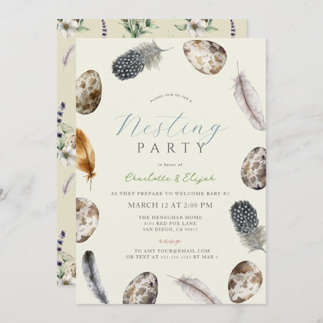 Eggs & Feathers Yellow Nesting Party Baby Shower Invitation (Front/Back)