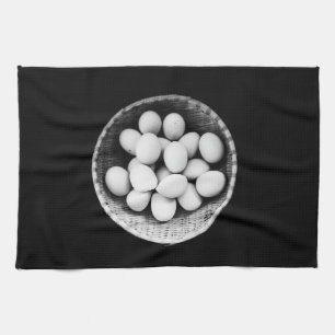 Eggs in Basket Black and White Fine Art Photograph Tea Towel
