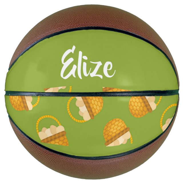 Eggs in brown basket on green basketball (Front)