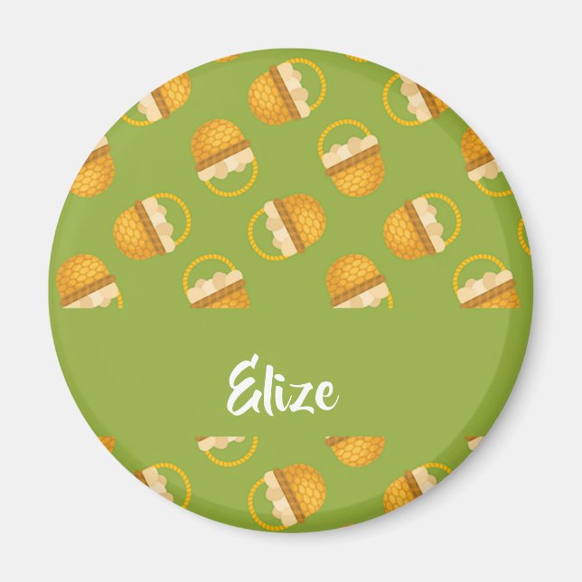 Eggs in brown basket on green magnet (Front)