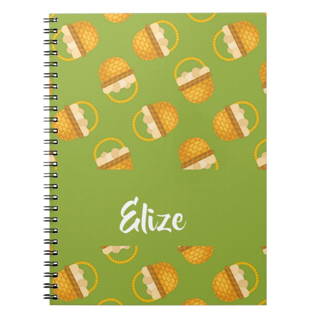 Eggs in brown basket on green notebook (Front)