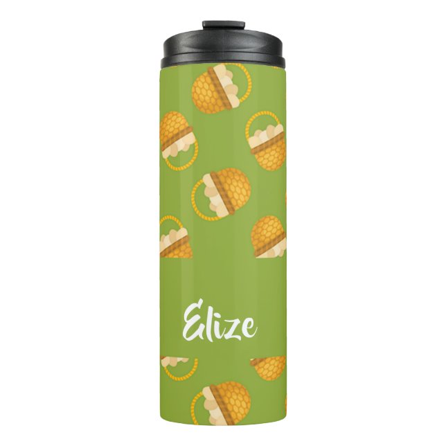 Eggs in brown basket on green thermal tumbler (Front)