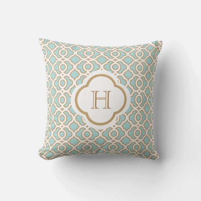 Eggshell Blue and Gold Moroccan Monogram Cushion (Front)