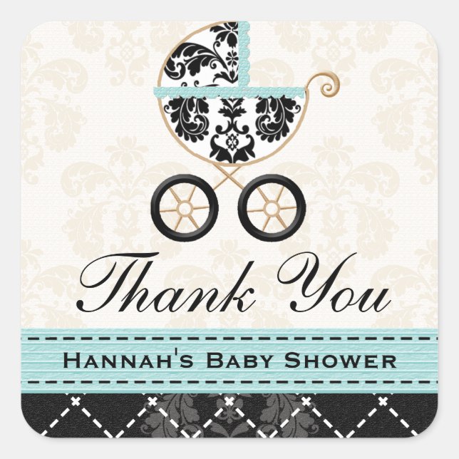 Eggshell Blue Damask Baby Carriage Thank You Square Sticker (Front)