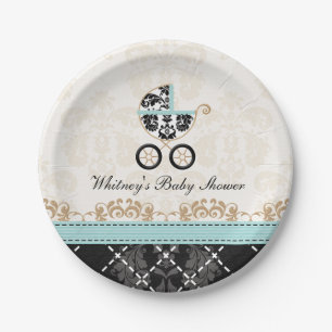 Eggshell Blue Damask Carriage Baby Shower Paper Plate
