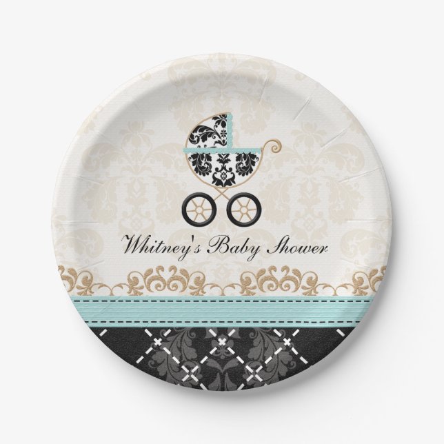 Eggshell Blue Damask Carriage Baby Shower Paper Plate (Front)