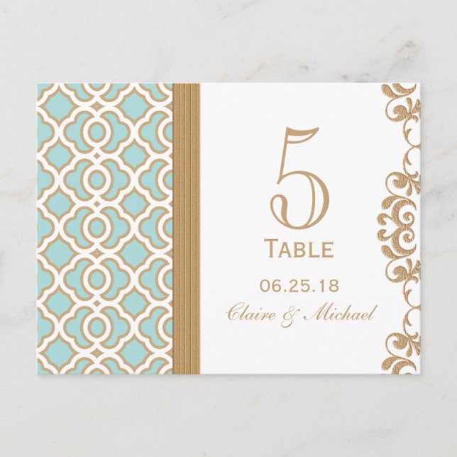 Eggshell Blue Gold Moroccan Wedding Table Number Postcard (Front)