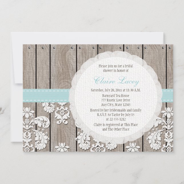 Eggshell Blue Lace Rustic Bridal Shower Invitation (Front)