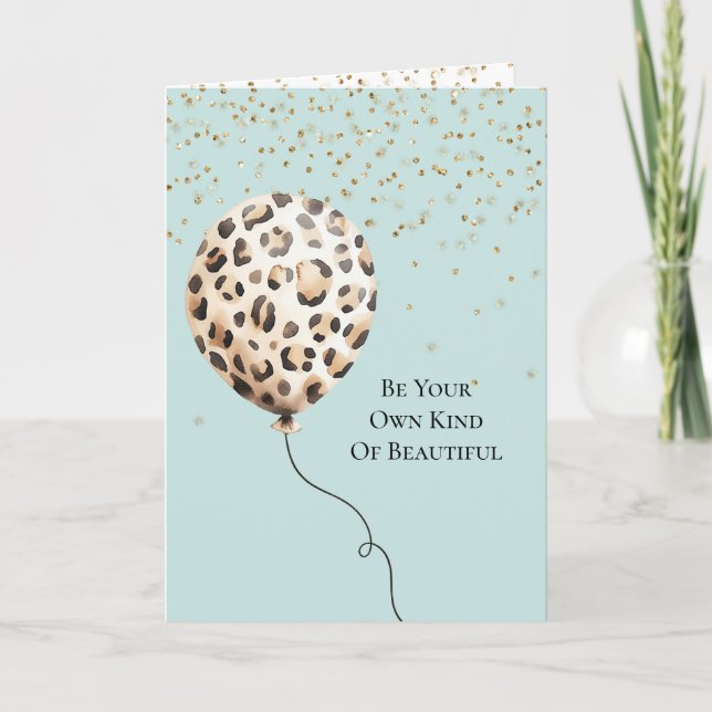 Eggshell Blue Leopard Print Balloon Gold Confetti  Card (Front)