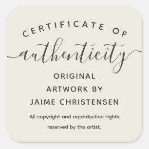 Eggshell Chic Script Certificate of Authenticity Square Sticker