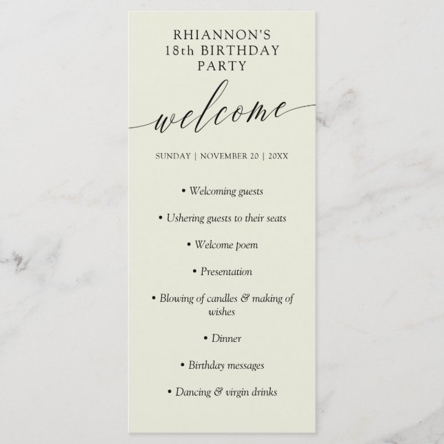 Eggshell Delicate Calligraphy Birthday Party Programme (Front)