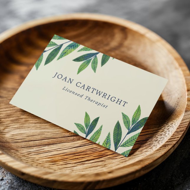 Eggshell Green Leaves Light Blue Therapist Business Card (Creator Uploaded)
