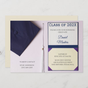 Eggshell/ Navy Blue Graduation Cap Diploma  Invitation