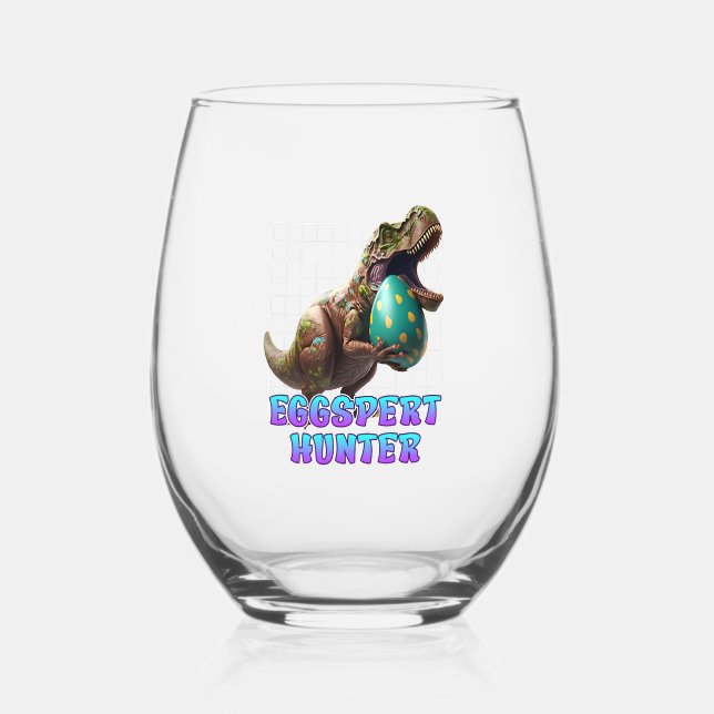 Eggspert Easter Eggs Hunt Dinosaur Easter Bunnies  Stemless Wine Glass (Front)