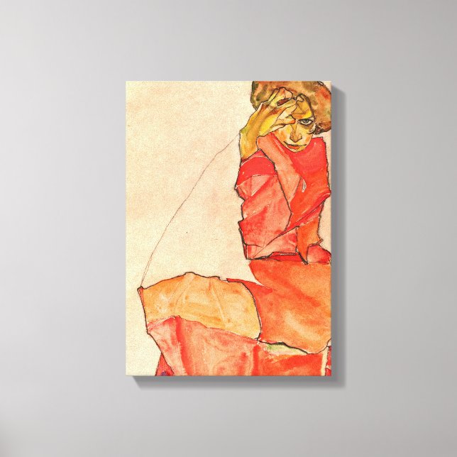 Egon Schiele - Kneeling Female In Orange Red Dress Canvas Print (Front)