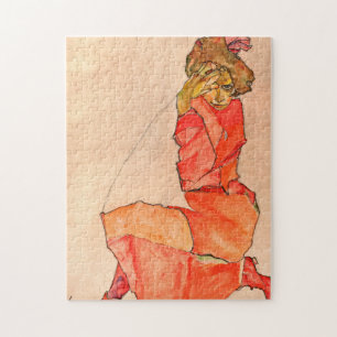 Egon Schiele - Kneeling Female In Orange Red Dress Jigsaw Puzzle