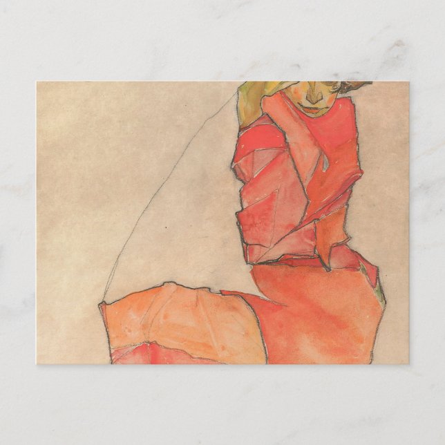 Egon Schiele - Kneeling Female in Orange-Red Dress Postcard (Front)