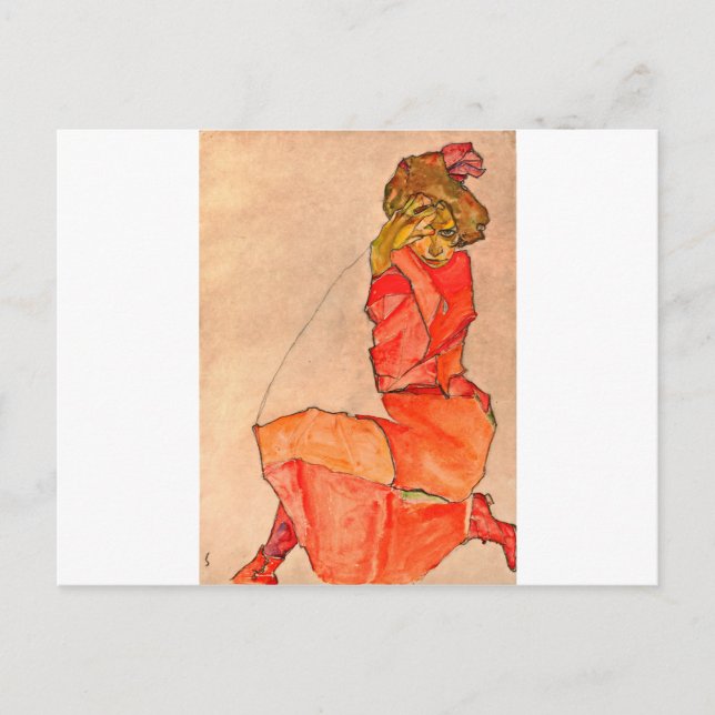 Egon Schiele - Kneeling Female In Orange Red Dress Postcard (Front)