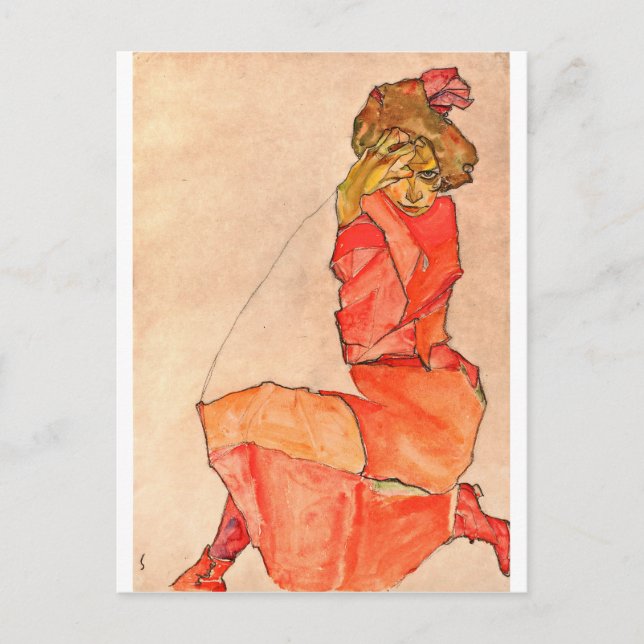 Egon Schiele - Kneeling Female In Orange Red Dress Postcard (Front)