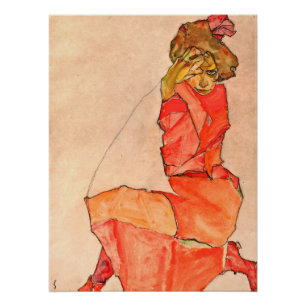 Egon Schiele - Kneeling Female In Orange Red Dress Poster