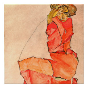 Egon Schiele - Kneeling Female In Orange Red Dress Poster