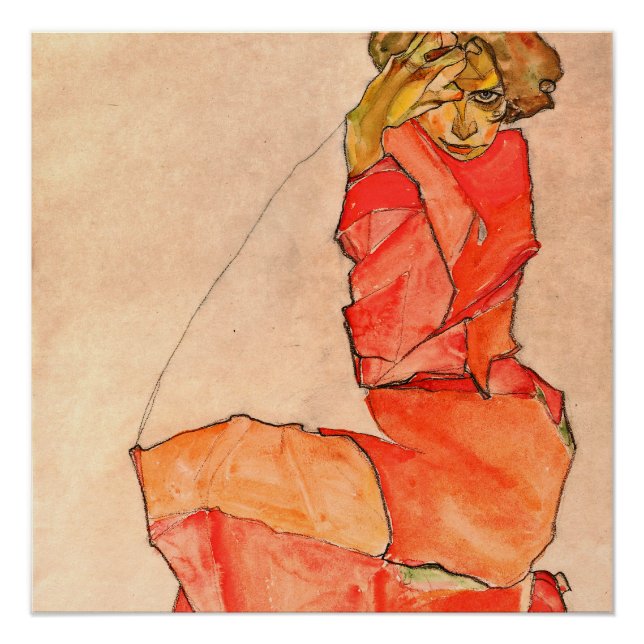 Egon Schiele - Kneeling Female In Orange Red Dress Poster (Front)