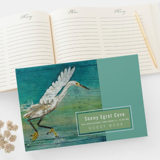 Egret Beach House Vacation Rental Guest Book (Gorgeous Egret Shorebird On Water Art Guest Book from Jenn's Emporium. )