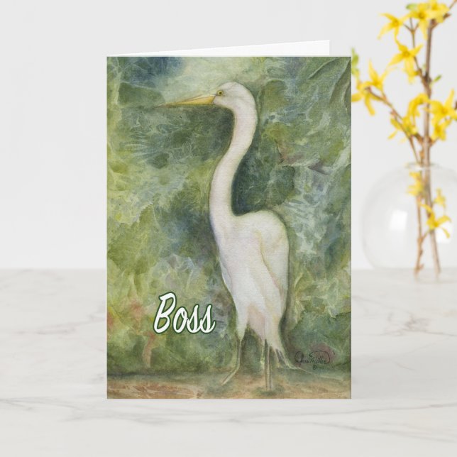 Egret bird in jungle standing proud Boss B-Day Card (Yellow Flower)