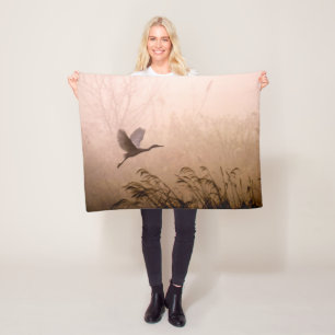 Egret Flying in Fog at Sunrise Fleece Blanket