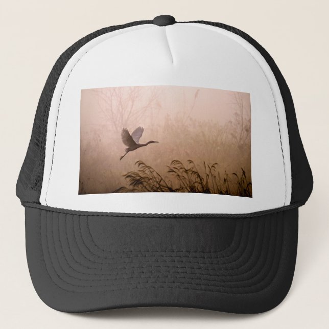 Egret Flying in Fog at Sunrise Trucker Hat (Front)