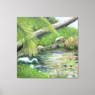 Egret on Pond Stretched Canvas Print