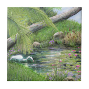 Egret on Pond  Tile