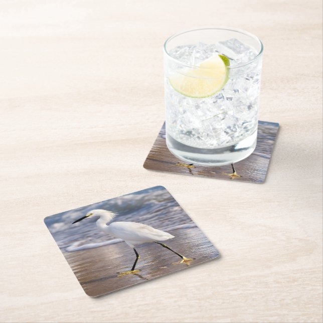 Egret on shoreline square paper coaster (Insitu)