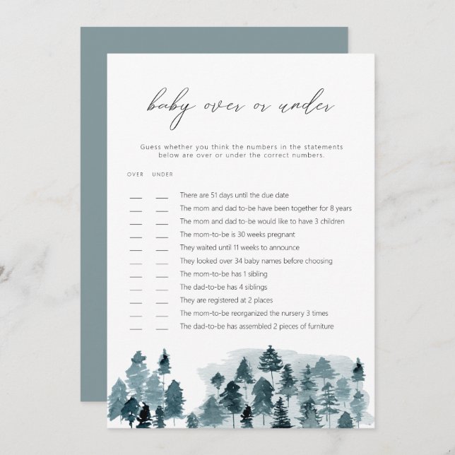 EGRET Slate Blue Pines Over or Under Baby Game Invitation (Front/Back)