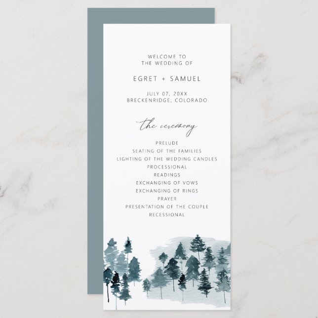 EGRET Slate Blue Watercolor Pines Wedding Program Menu (Front/Back)