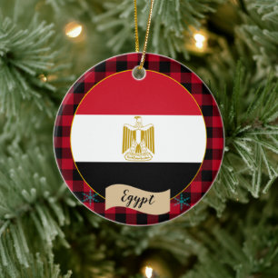 Egypt, Red buffalo plaid & Egyptian Flag Ceramic Tree Decoration