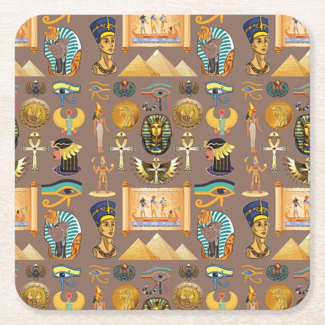 Egyptian Ancient Hieroglyphic Pattern Symbol Square Paper Coaster (Front)