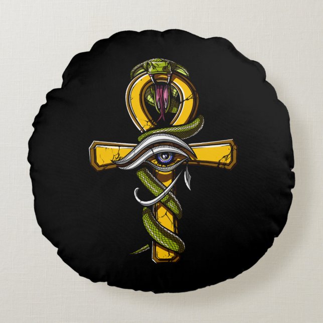 Egyptian Ankh Eye Of Horus Ancient Serpent Symbol Round Cushion (Front)