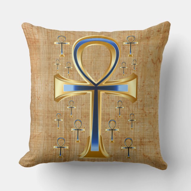 Egyptian Ankh - Gold and Blue Design Cushion (Front)