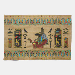 Egyptian Anubis Ornament on papyrus Tea Towel