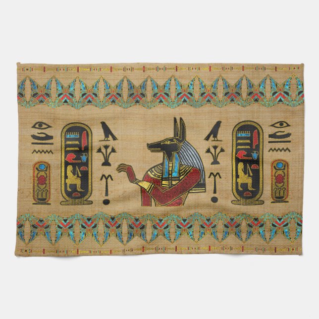 Egyptian Anubis Ornament on papyrus Tea Towel (Horizontal)