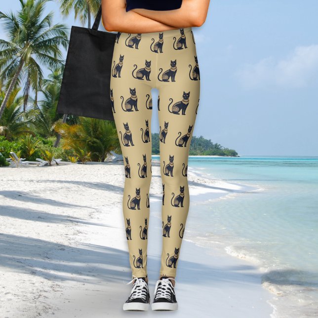 Egyptian Black Cat Patterned Sand Colour Leggings (A pair of leggings in sand beige, with Egyptian-inspired black and faux gold cat pattern)