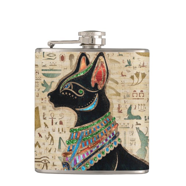 Egyptian Cat - Bastet on papyrus Hip Flask (Front)