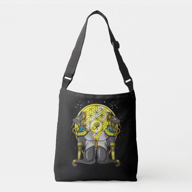 Egyptian Cat Goddess Bastet Ankh Sacred Geometry Crossbody Bag (Front)