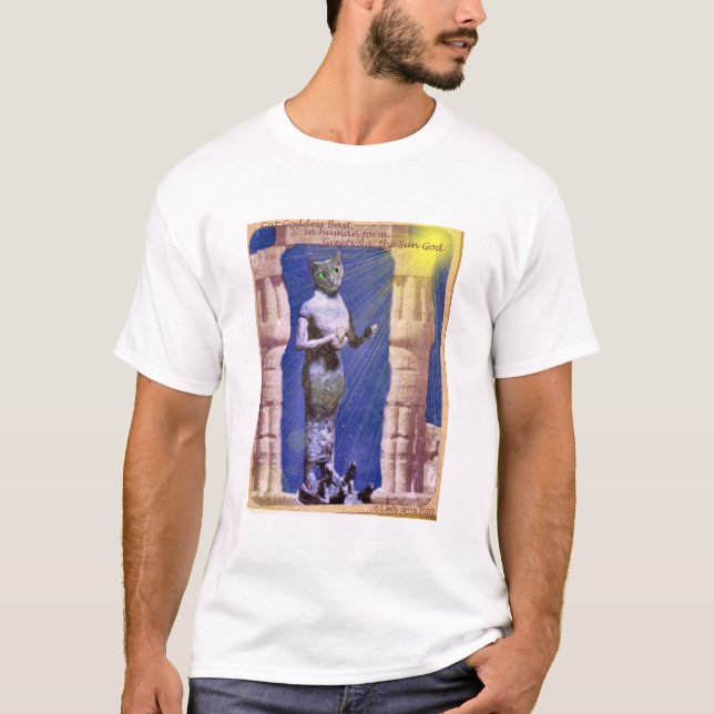 Egyptian Cat Goddess greets Ra, the Sun God T-Shirt (Front)